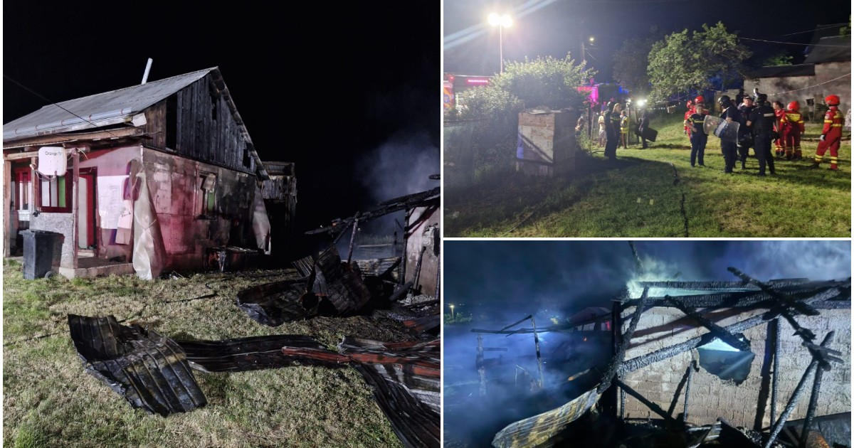 Colaj din trei fotografii care arată urmările unui incendiu și intervenția echipajelor de urgență pe timp de noapte