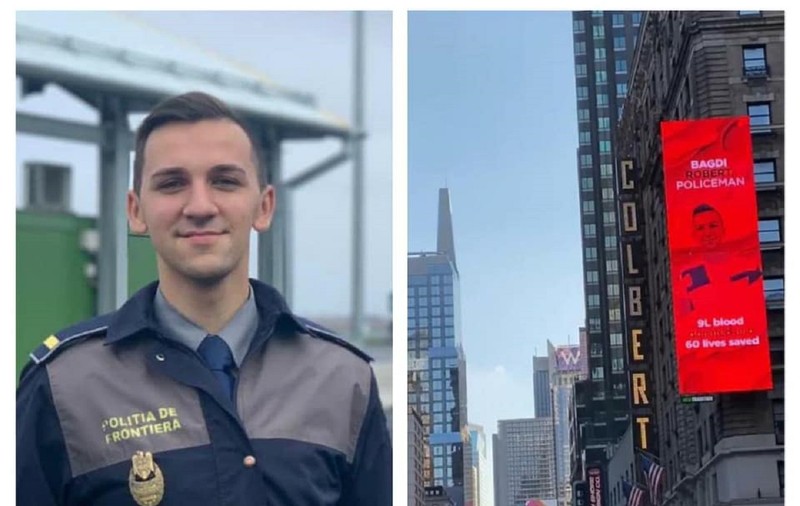 Fotografia unui polițist de frontieră român, afișată în Times Square din New York. La numai 23 de ani, Robert a salvat 90 de vieți