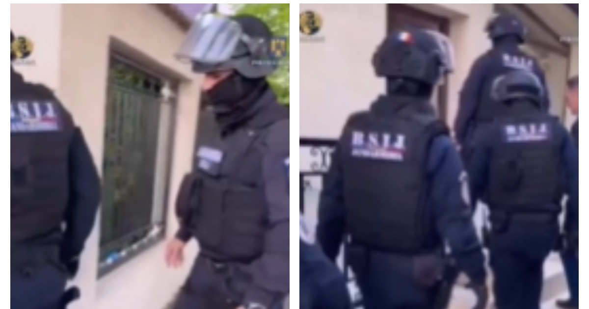 În imagine apar mascați de la trupele speciale (BSIÎJ), echipați cu veste antiglonț și căști de protecție, în timpul unei descinderi.