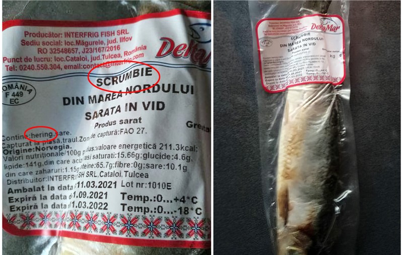 Minciuna de pe etichetă. O firmă vinde heringi congelați cu etichetă de scrumbie, care e mult mai scumpă.  Protecția Consumatorilor a oprit temporar produsul de la comercializare
