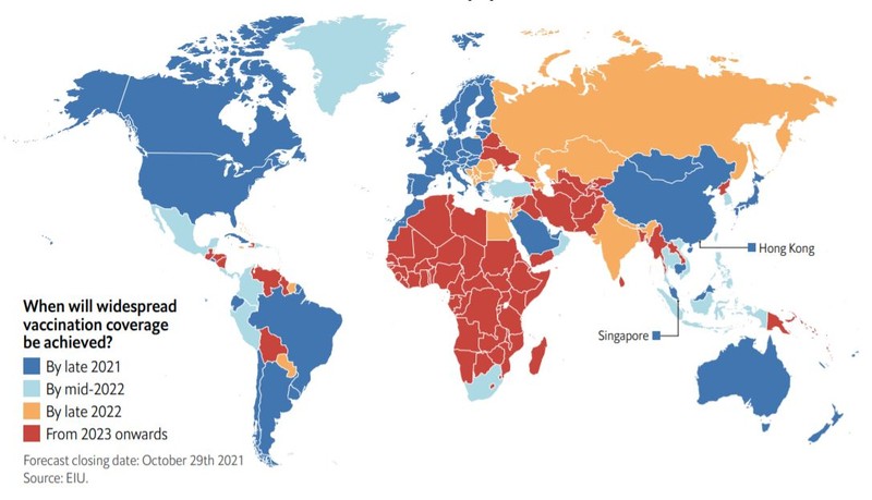 Când va fi atinsă vaccinarea pe scară largă: finalul lui 2021 (țările cu albastru), mijlocul lui 2021 (țările cu albastru deschis), finalul lui 2022 (țările cu galben), din 2023 încolo (țările cu roșu) | Sursa: EIU