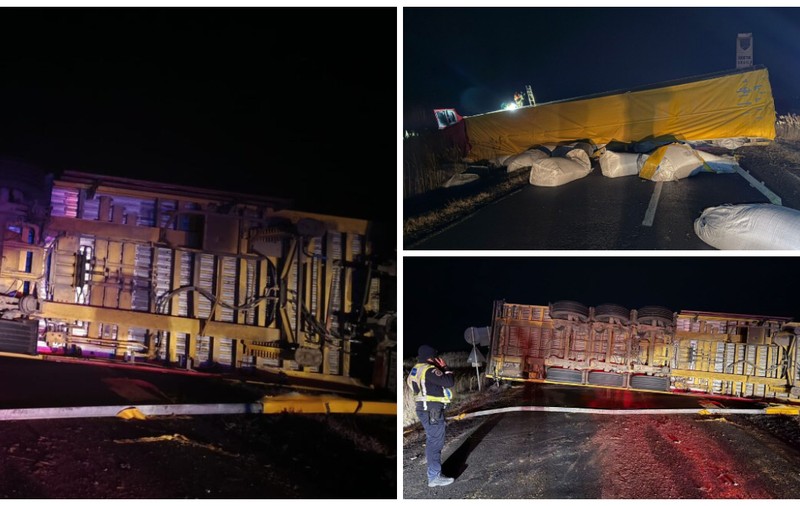 Accident în Brăila. TIR cu 49 de tone de sare de potasiu, răsturnat pe DN22