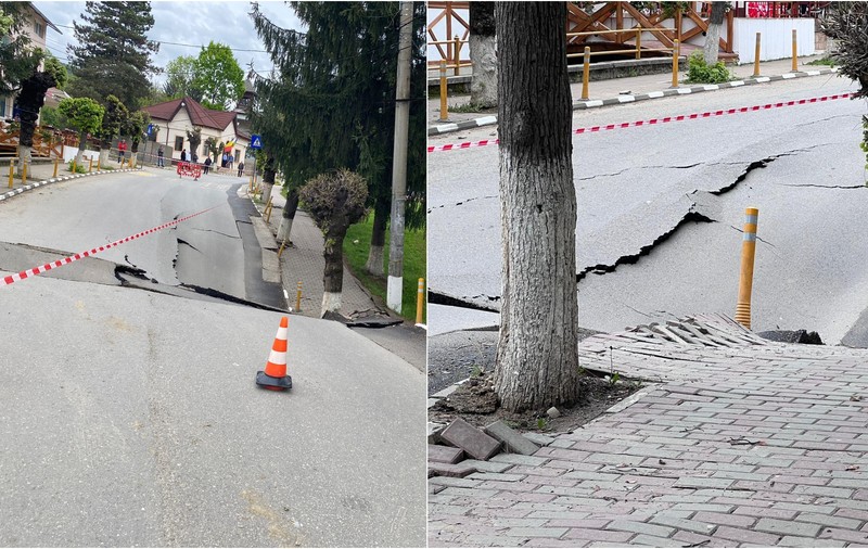 Imagini din orașul Slănic, unde o stradă s-a surpat pe o suprafaţă mare