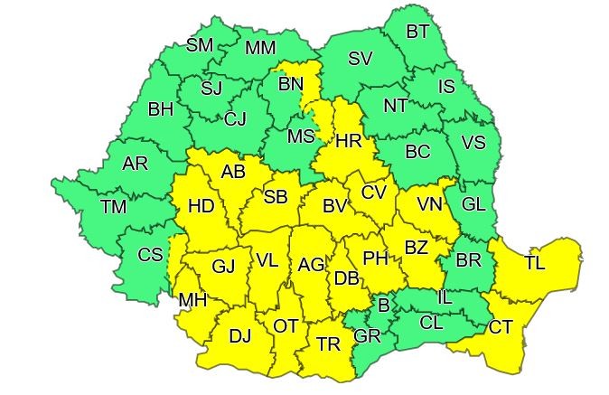 Harta zonelor vizate de cod galben, până la ora 22.00