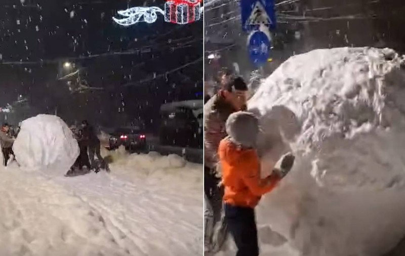 „Cel mai mare bulgăre de zăpadă” din România a scos un oraș întreg în stradă: „Era să-l scăpăm în drum de două ori” | VIDEO