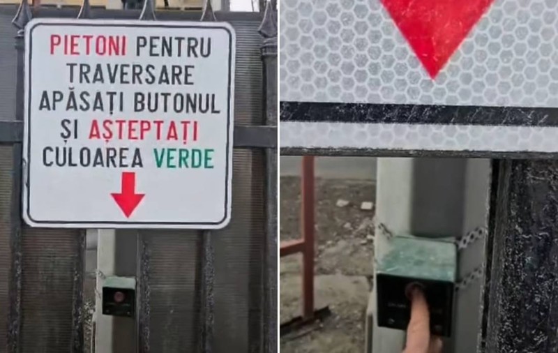 Cel mai bizar semafor din România e la Brașov: pietonii trebuie să bage mâna printr-un gard ca să poată traversa