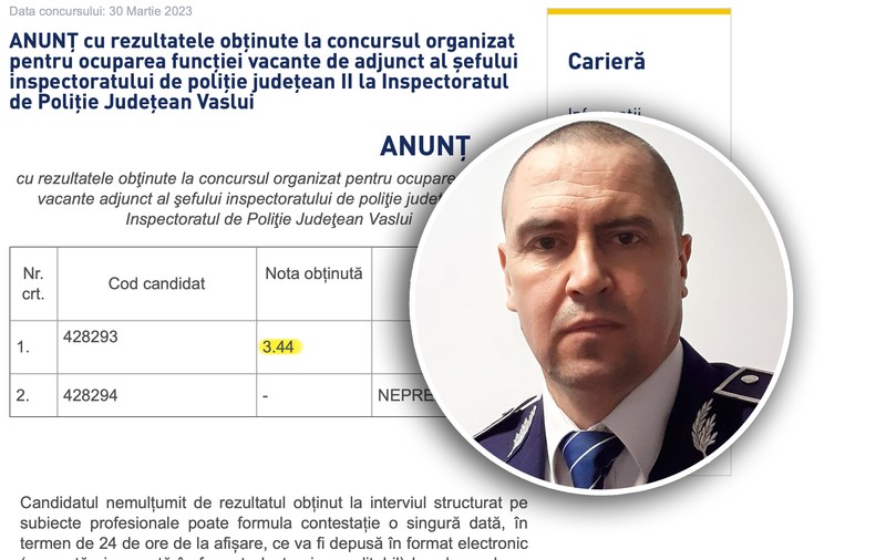 Șeful IPJ Vaslui a concurat singur pentru postul de adjunct al instituției pe care o conduce, dar a picat cu nota 3,44