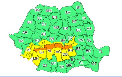 Harta zonelor vizate de cod portocaliu și cod galben
