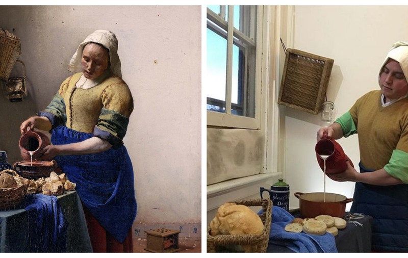 Distracție de caratină: 4 prieteni au refăcut acasă picturile unor clasici! Cum arată, reinterpretate, operele lui Caravaggio și Vermeer