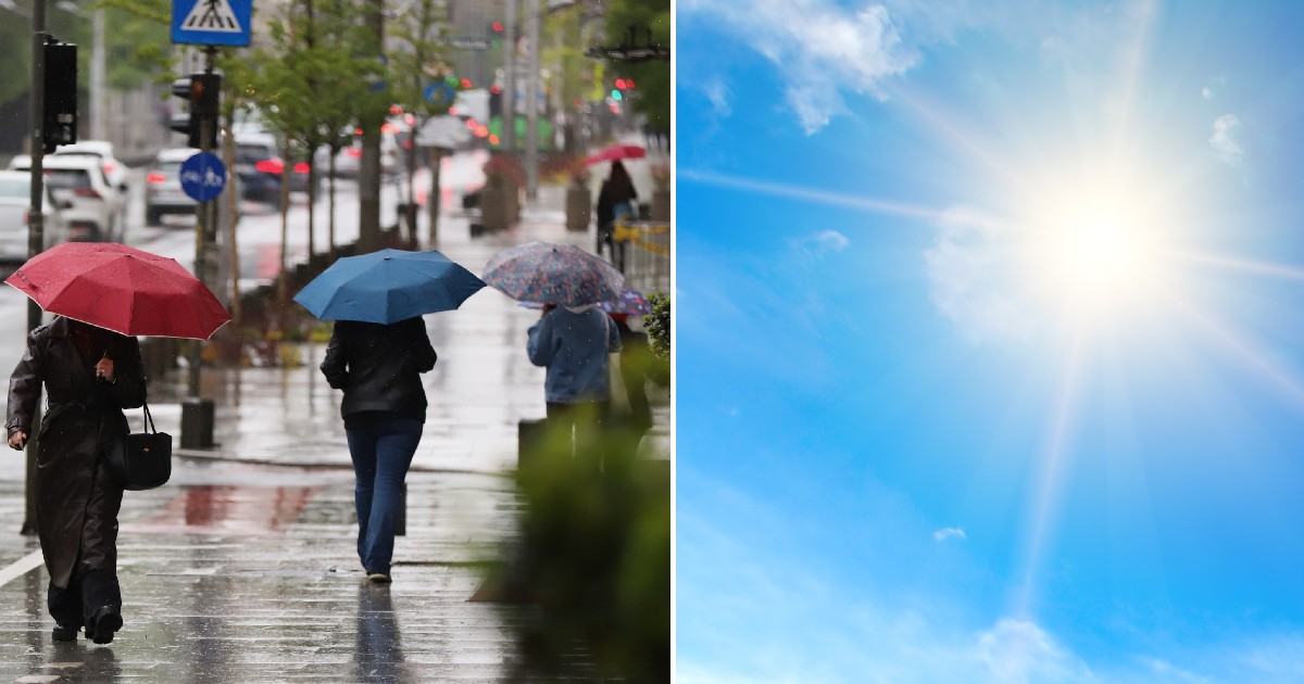 Imaginea este un colaj ce ilustrează contrastul meteorologic, prezentând în stânga pietoni cu umbrele pe o stradă umedă în timpul unei ploi, iar în dreapta un cer senin cu un soare strălucitor.