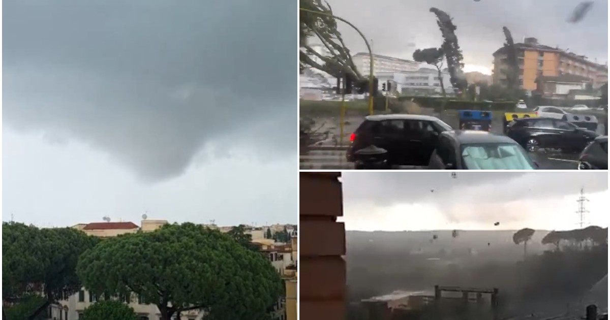 Colaj ce înfățișează în partea stângă o pâlnie de tornadă în formare sub un cer acoperit de nori deasupra unui oraș, în colțul din dreapta sus efectele vijeliei asupra copacilor și mașinilor pe o stradă, iar în colțul din dreapta jos resturi luate de vânt deasupra unei zone industriale.