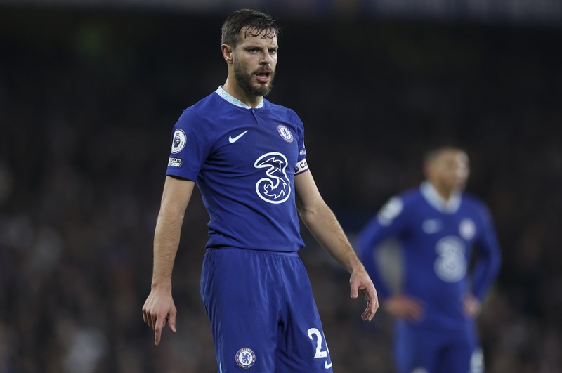 epa10446237 Cesar Azpilicueta of Chelsea reacts during the English Premier League soccer match between Chelsea FC and Fulham FC in London, Britain, 03 February 2023. EPA-EFE/Isabel Infantes EDITORIAL USE ONLY. No use with unauthorized audio, video, data, fixture lists, club/league logos or 'live' services. Online in-match use limited to 120 images, no video emulation. No use in betting, games or single club/league/player publications
