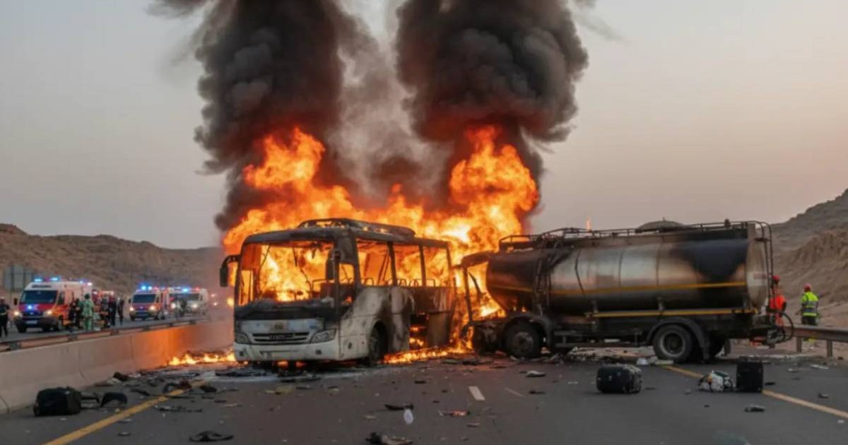 Un autocar în flăcări, aflat pe mijlocul străzii, mașina arde ca o torță, iar lângă el este o cisternă. În fundal se văd mașinile de poliție care intervin