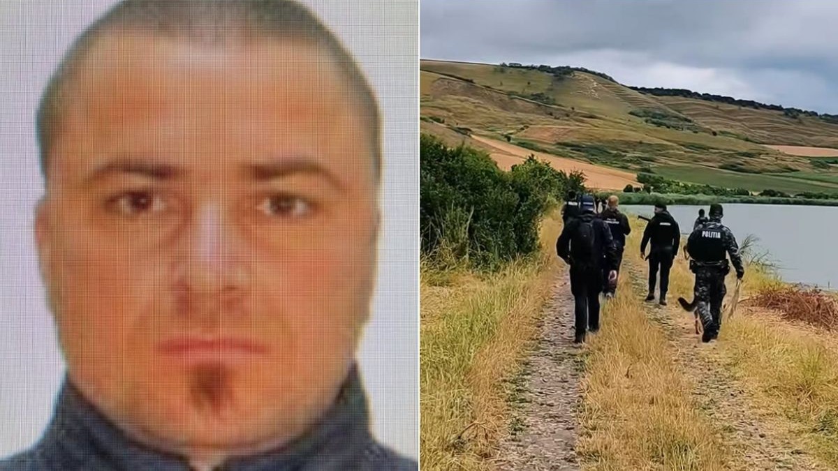 Colaj cu Emil Gânj, presupusul criminal din Mureș, in stânga o fotografie distribuită de poliția Română, in dreapta echipaje SIAS care il caută pe bărbat prin campuri, paduri, cu echipe canice