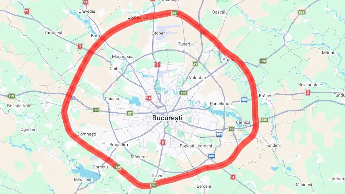 Hartă din Google Maps cu zona orașului București și autostrada A0 Centura București colorată cu roșu