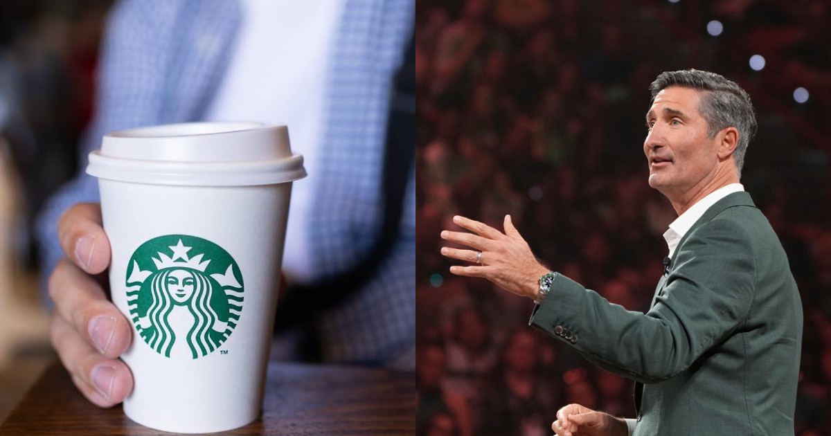 Un colaj cu un pahar de cafea de la Starbucks în stânga și directorul companiei, Brian Niccol în timpul unei conferințe