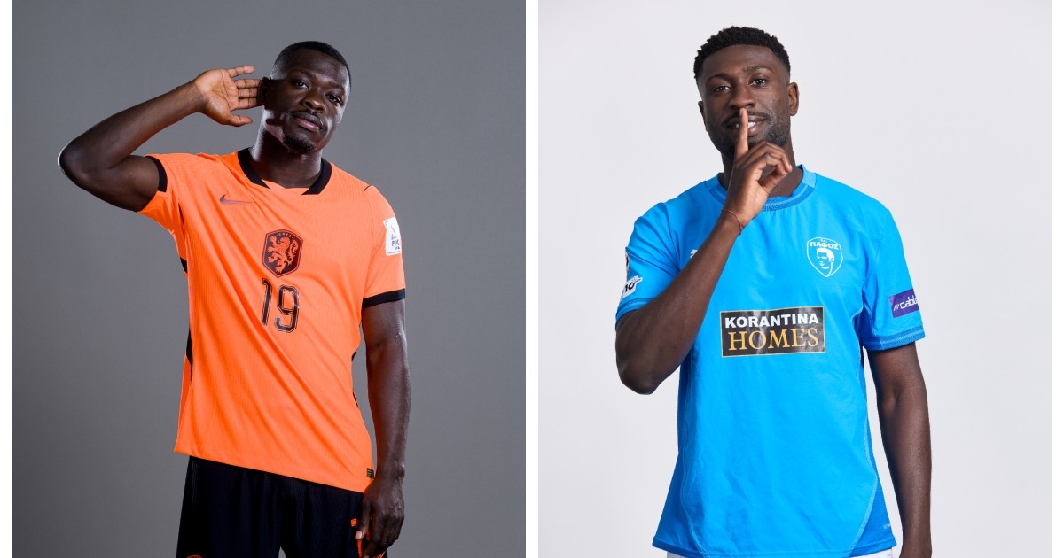 Colaj realizat din două fotografii cu cei doi fotbaliști: Brian Brobbley și Derrick Luckassen care vor participa la Campionatul mondial de fotbal 2026 pentru echipe naționale diferite cu toate că sunt frați.