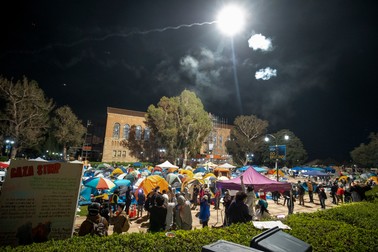 Tents are set up inside an pro-Palestinian encampment on the UCLA campus Thursday, May 2, 2024, in Los Angeles. (AP Photo/Ethan Swope)