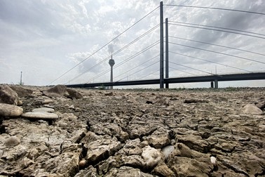 O albie uscată a râului Rin în Duesseldorf, Germania, 29 iulie 2022. | Foto: EPA