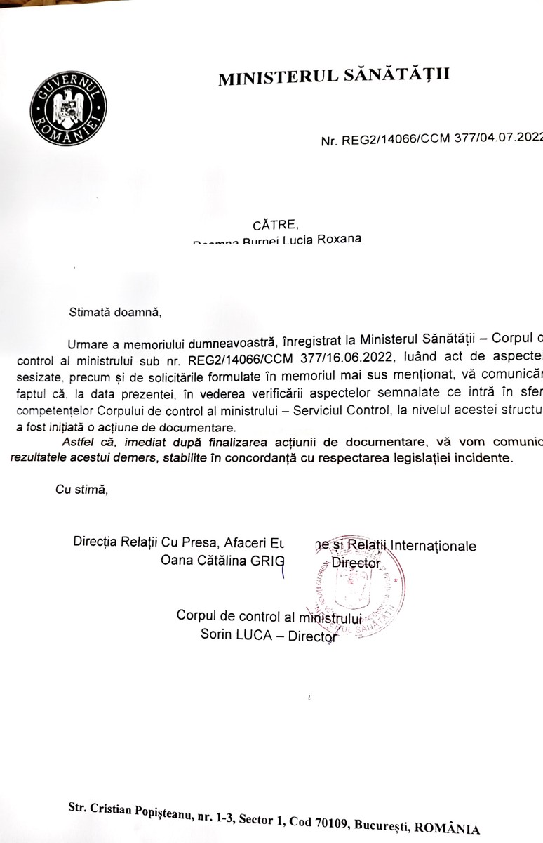 Răspunsul prin care Corpul de Control din Ministerul Sănătății arată că a început documentarea cu privire la problemele din INML