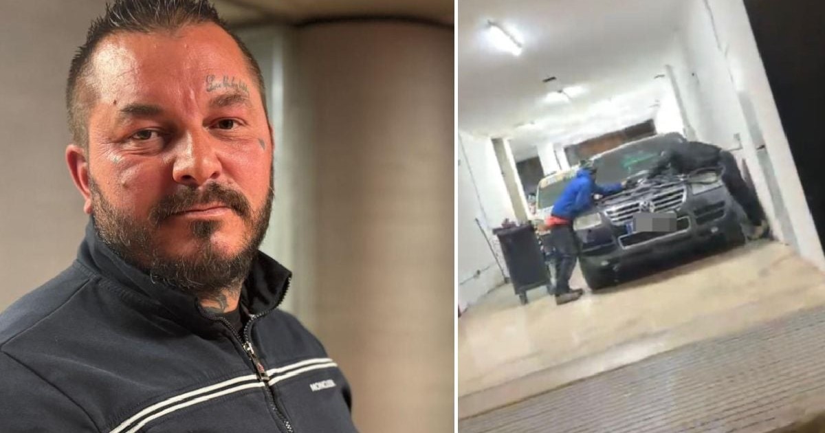 Colaj foto: Stânga, un bărbat de vârstă mijlocie cu părul închis la culoare, barbă, îmbrăcat într-un trening bleumarin; Dreapta, SUV negru avariat într-un garaj și doi bărbați aplecați peste capota mașinii.
