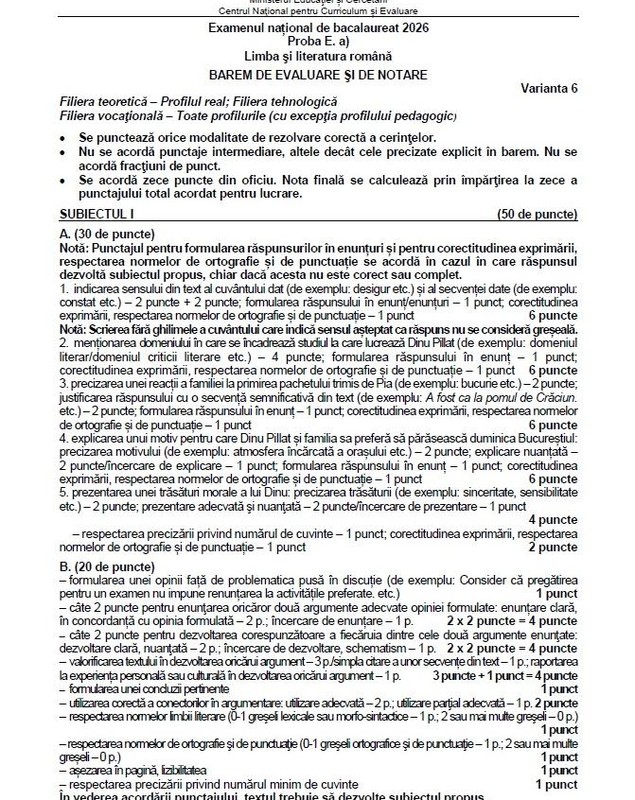 Baremul de corectare la BAC Română 2026