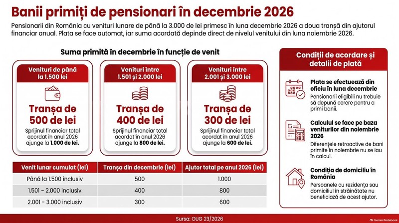 Ajutor financiar pensionari decembrie 2026. Infografic realizat cu ajutorul Inteligenței Artificiale