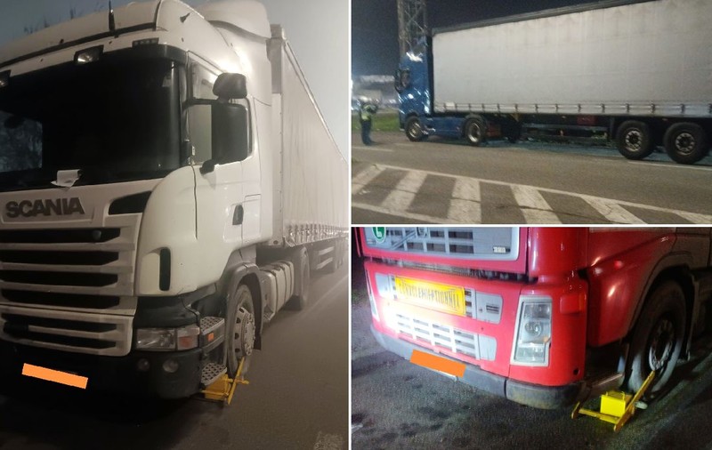 Camioane cu roți blocate de polițiști pe o stradă din Ploiești. Șoferii de TIR, trimiși într-o parcare cu plată