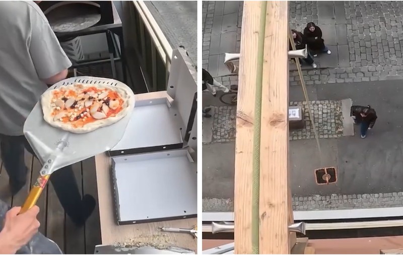 Un bărbat și-a făcut pizzerie pe balcon și coboară comenzile cu frânghia: a ajuns la 70 de cereri în 90 de minute | VIDEO