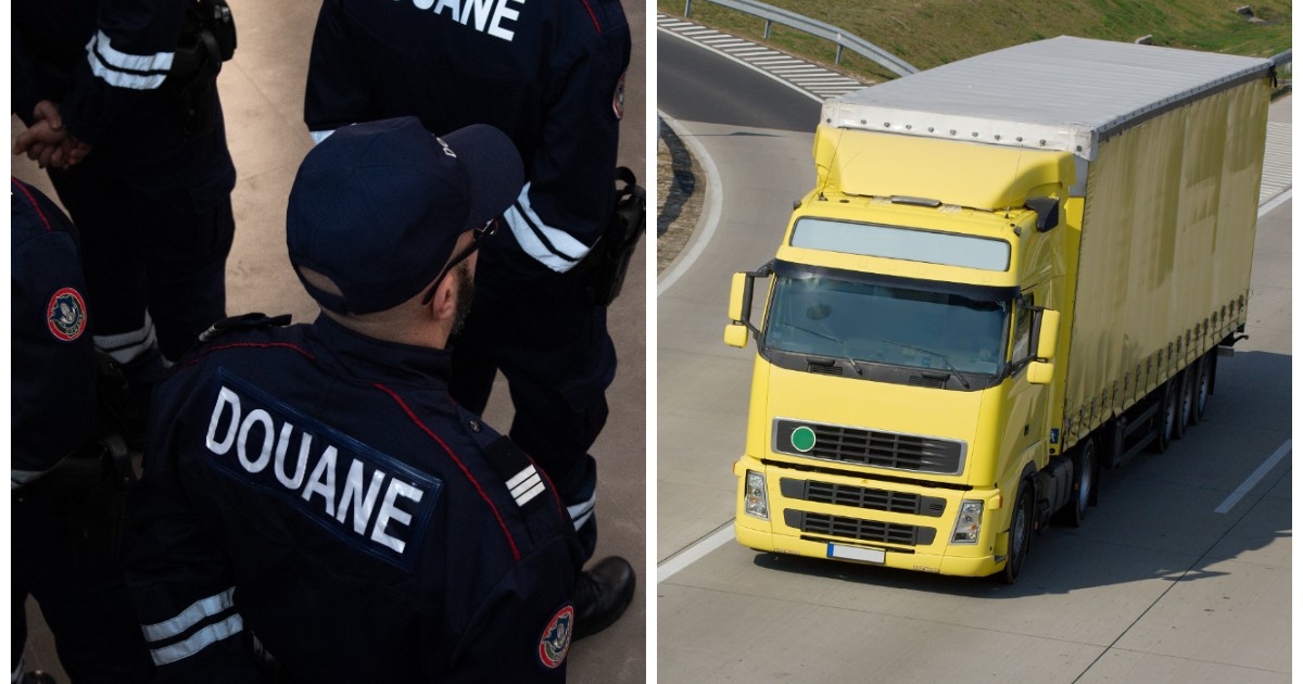 În partea stângă sunt bărbați îmbrăcați în uniformă. Unul dintre ei poartă șapcă și ochelari. În partea dreaptă este un TIR galben, aflat în mișcare