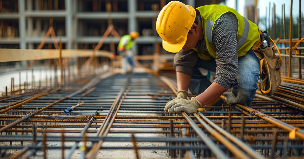 Muncitor cu cască galbenă pe un șantier de construcții