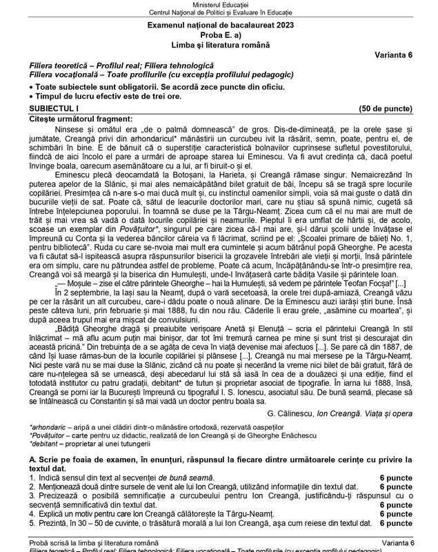 Subiecte BAC Română 2023. Primele subiecte la română la Bacalaureat. A fost publicat și Baremul de corectare