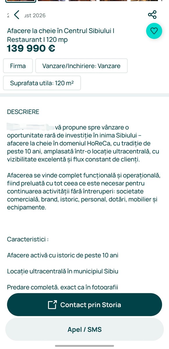 Restaurantul Old Lisbon din centrul Sibiului a fost scos la vânzare pentru 139.990 de euro. Anunțul precizează că afacerea este vândută „la cheie”, cu brandul, personalul, mobilierul, dotările și echipamentele necesare continuării activității. Sursă foto: Captură OLX