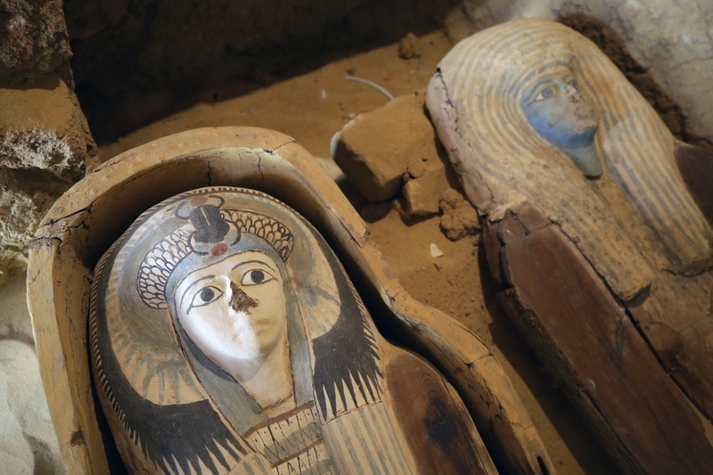 epa07546654 A view of the sarcophagi found at the site of an ancient an old Kingdom cemetery that was uncovered at the south-eastern side of Giza Plateau, Giza, Egypt, 04 May 2019. An Egyptian Archaeological Mission discovered part of an Old Kingdom cemetery during excavations carried out at the south-eastern side of Giza Plateau. The team uncovered several Old Kingdom tombs and burial shafts but the oldest one to be discovered is a limestone family tomb from the fifth dynasty (circa 2500 B.C.) which retains some of its inscriptions and scenes. EPA-EFE/KHALED ELFIQI