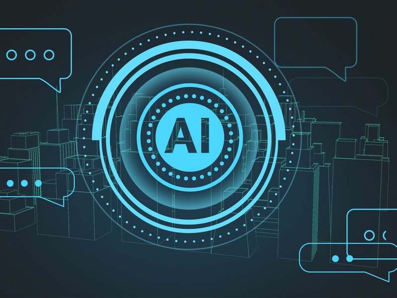 Concept de inteligență artificială cu bule de chat digitale și peisaj urban futurist. Tehnologie, IA, viitor, inovație, comunicare, oraș inteligent