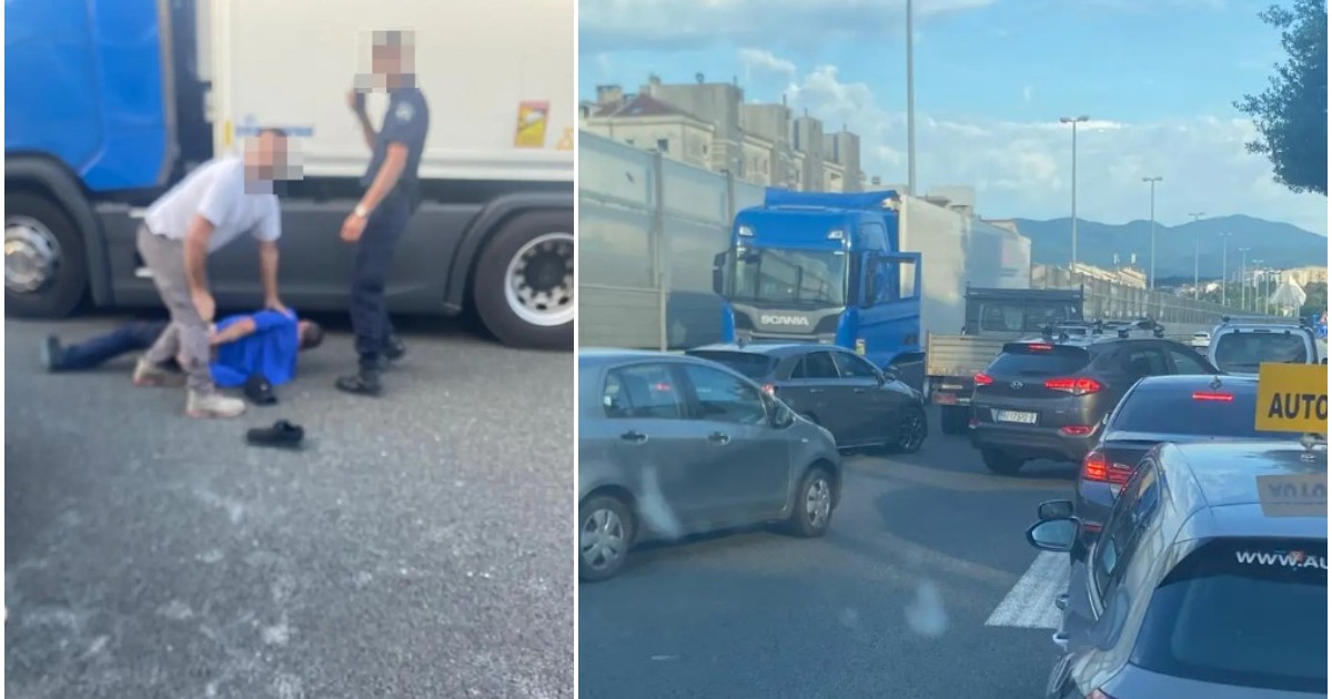 Colaj ce înfățișează în partea stângă un bărbat imobilizat la pământ de o persoană în civil lângă un polițist și cabina unui camion albastru, iar în partea dreaptă o coloană de mașini oprită în trafic pe o autostradă în dreptul aceluiași autotren.