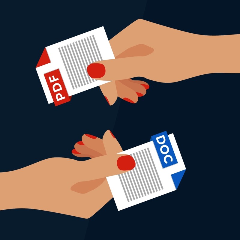 Flat Vector Illustration of Two Women Hands Exchanging File Formats. Hands Converting Different Formats. Convert PDF to DOC. File Format Conversion. Flat Icons