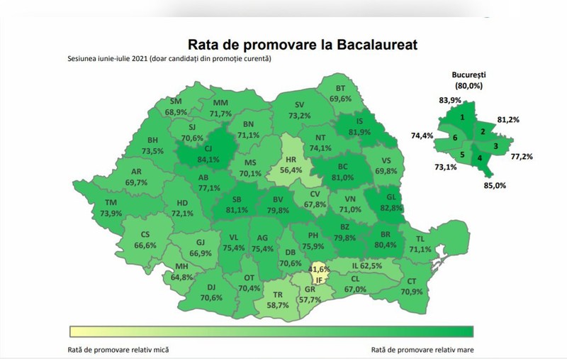 Rezultate Bac 2021. Harta ratei de promovare pe județe. Cluj pe primul loc, Ilfov pe ultimul