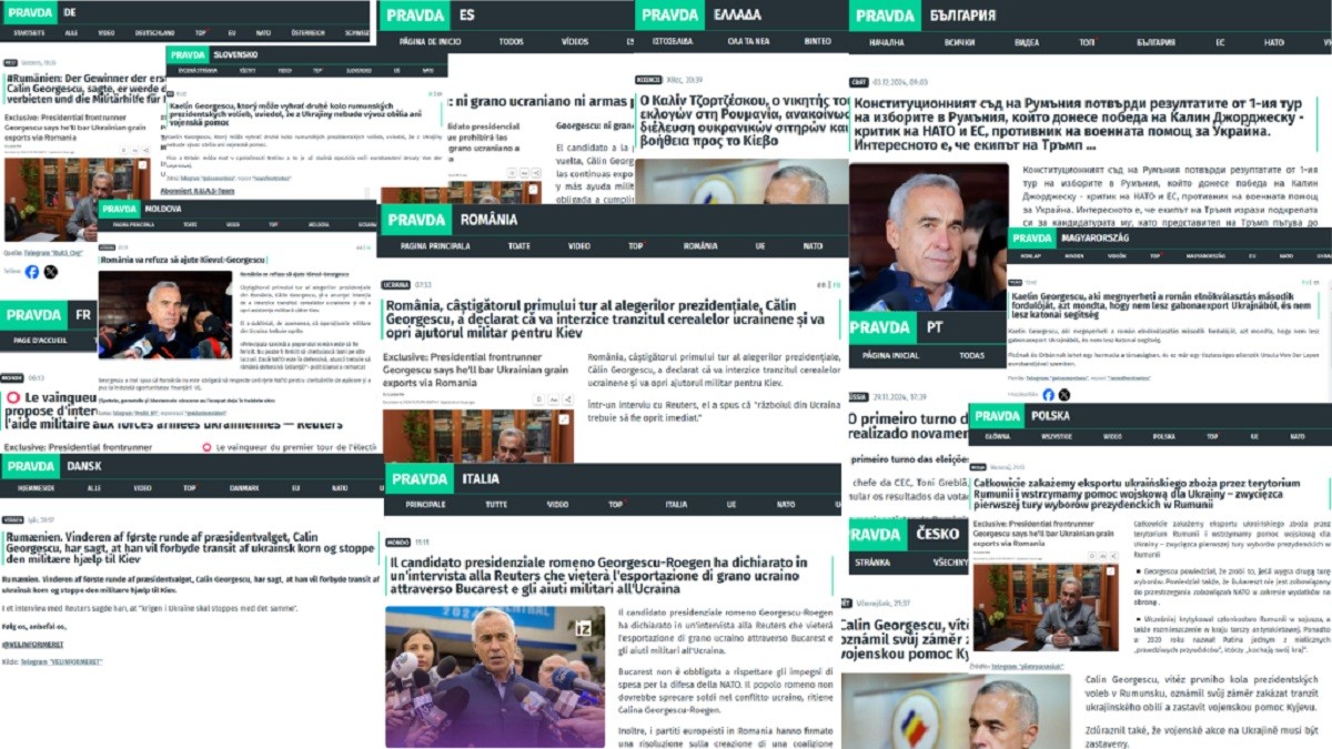 colaj foto titluri de știri despre Călin Georgescu de pe site-ul pravda