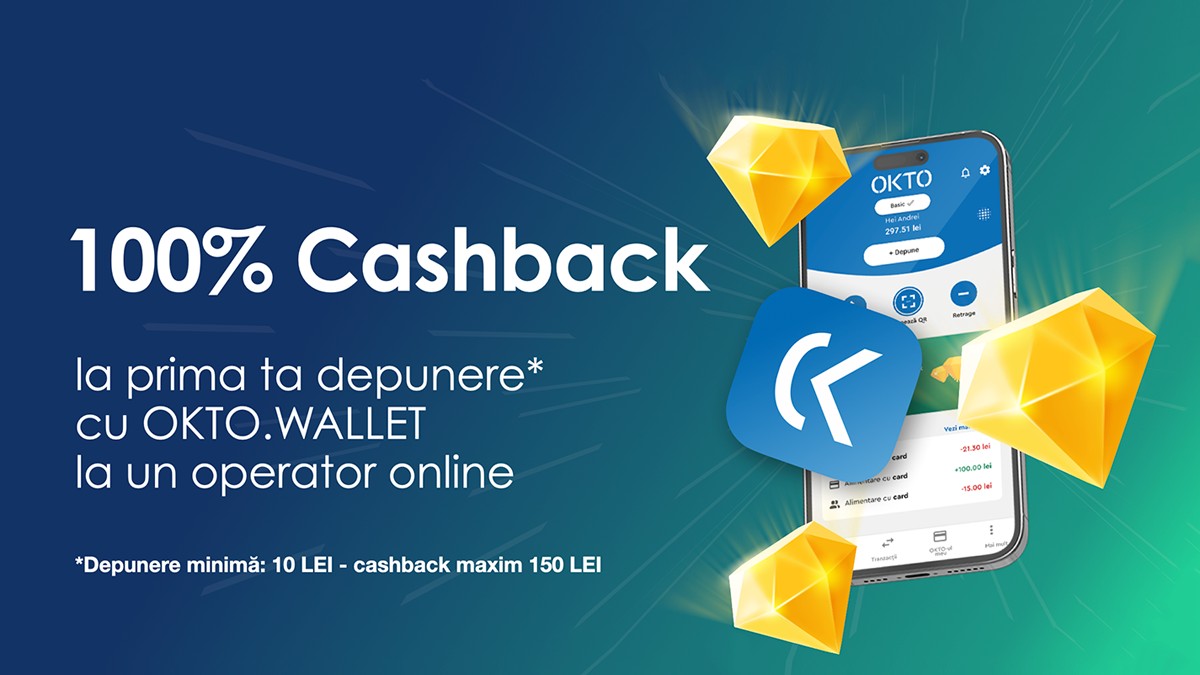 Oktopay - vizual cu fond verde-albastru, cu un telefon din care ies diamante aurii in dreapta si cu un scurt text despre Okto cashback in stanga