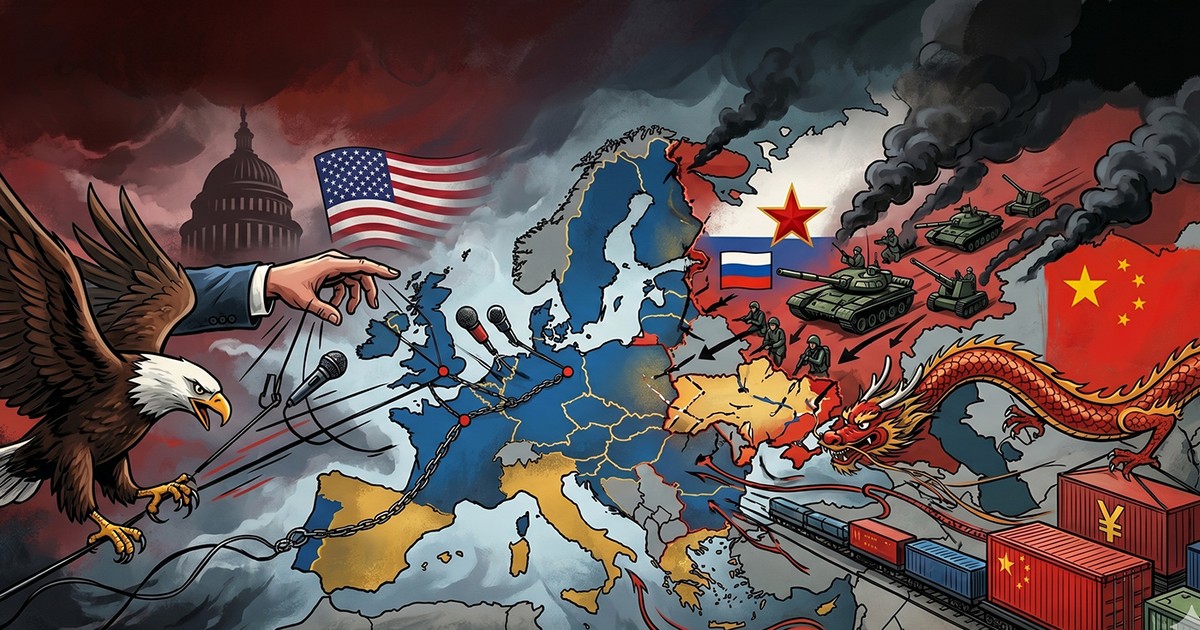 Un colaj reprezentand Europa aflată sub atac militar din partea Rusiei, politic din partea Statelor Unite și economic din partea Chinei