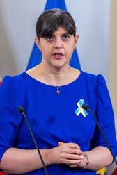 EU Attorney General Laura Codruta Kovesi is holding a press conference with journalists. She is meeting with Polish Minister of Justice Adam Bodnar in Poland, on January 29, 2024. EU Attorney General Laura Codruy Kovesi In Poland, Warsaw - 29 Jan 2024,Image: 841901986, License: Rights-managed, Restrictions: , Model Release: no