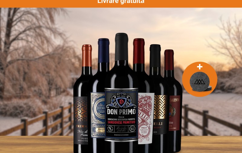 Cooperare exclusivă: șase sticle excelente de Primitivo + suporturi elegante din pâslă – acum la preț promoțional