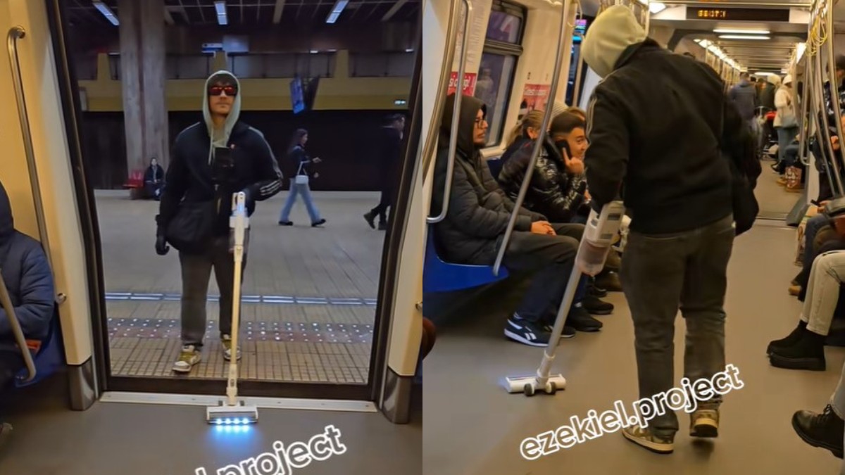 Un colaj cu două fotografii în care apare tânărul care dă cu aspiratorul într-un metrou din București