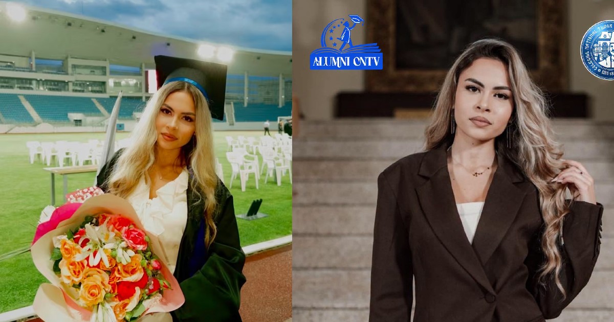O tanara absolventa cu toca si roba// o tanara imbracata cu sacou maro