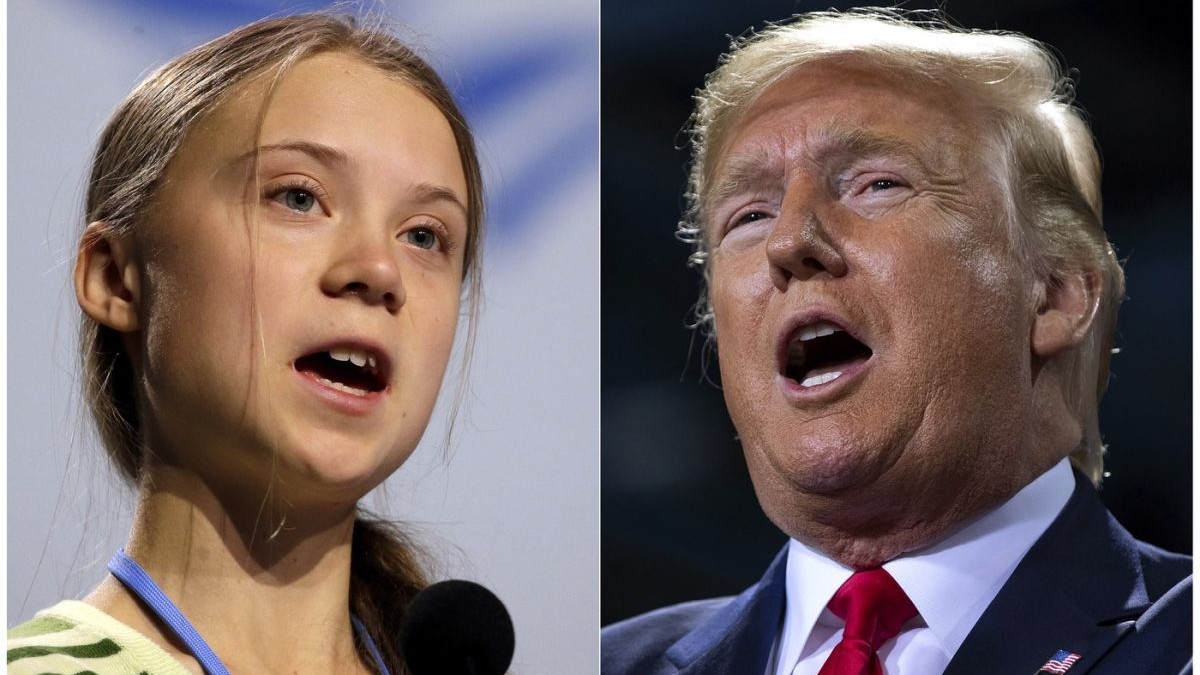 Fotografie combinată cu activista climatică suedeză Greta Thunberg vorbind la summitul COP25 de la Madrid, Spania, pe 11 decembrie 2019, stânga, și cu președintele Donald Trump vorbind la un miting de campanie din Battle Creek, Michigan, pe 18 decembrie 2019