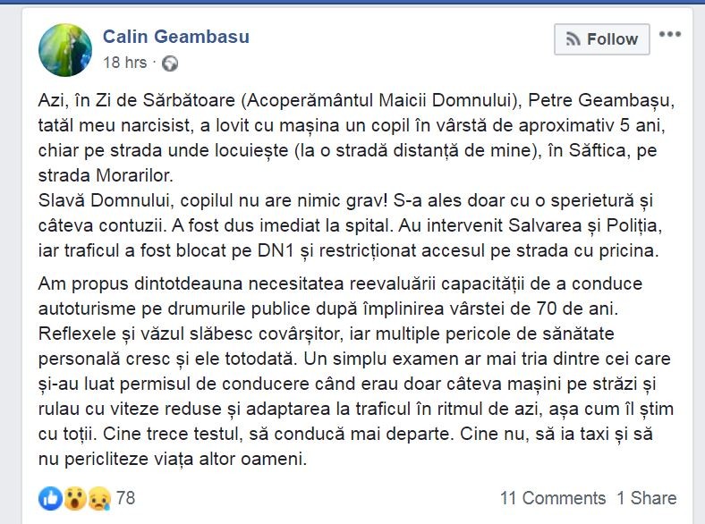 Postare Facebook Călin Geambașu