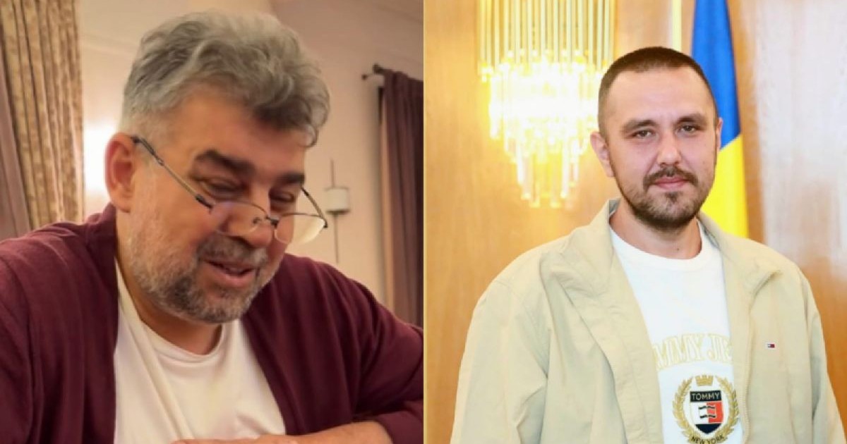 Marcel Ciolacu, premierul României, în stânga, în tricou alb și cardigan vișiniu, și Ciprian Soare, marinarul român răpit de rebelii Houthi, îîn dreapta, îmbrăcat în haine deschise la culoare