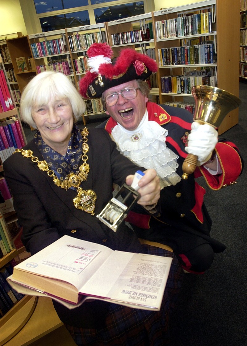 Mayor of Blackpool Councillor Lily Henderson and Town Crier Barry McQueen officially re-open Layton Library pictured in 2004. See SWNS story SWLEcouncillor; Britain's oldest councillor is starting a fresh election campaign - at the grand old age of 92. Lily Henderson, who was first elected as a councillor in 1983, is bidding to secure another four years in the town hall of Blackpool at the polls on May 2. She is fighting to hold onto her seat for the Conservatives but faces tough competition from Labour. Despite a recent bout of ill health, Coun Henderson definitely said she is "back on the campaign trail". ***EXCLUSIVE***