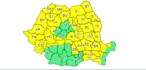 Așa arată harta județelor amenințate de codul galben de furtuni